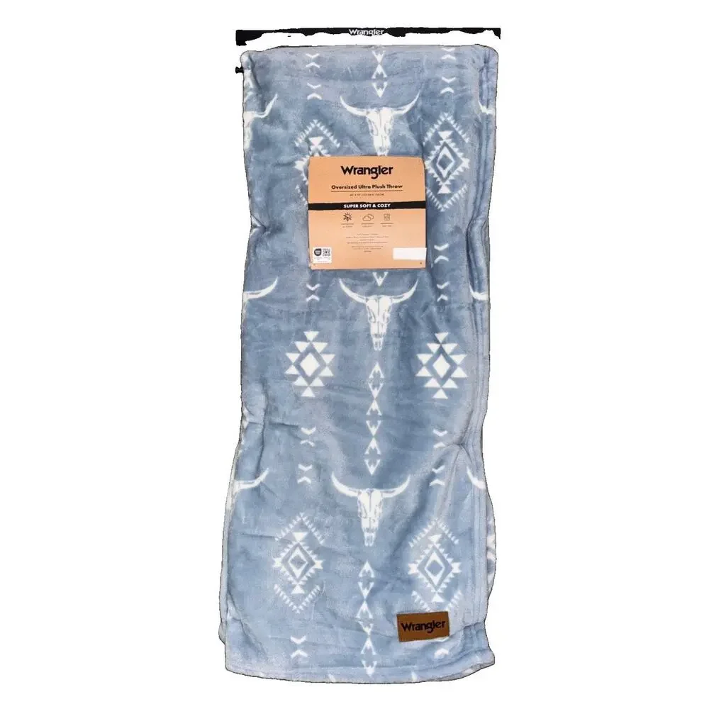 Wrangler Blue Steer Head Western Longhorn Aztec Throw Blanket 60x70 Cowboy Skull